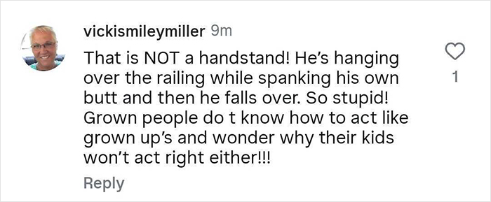 Screenshot of a social media comment reacting to a passenger flipping over an infinity pool edge on a cruise.