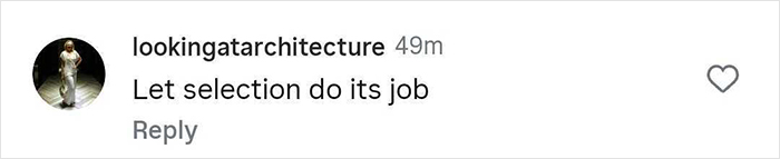 Comment on social media post reading Let selection do its job with profile picture of a person in white attire.