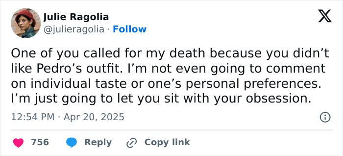 Tweet from Pedro Pascal&rsquo;s stylist responding to fan threats amid controversy over Pedro Pascal outfit.