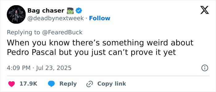 Tweet expressing suspicion about Pedro Pascal with high engagement, related to Pedro Pascal and Vanessa Kirby interviews controversy. Tweet expressing suspicion about Pedro Pascal with high engagement, related to Pedro Pascal and Vanessa Kirby interviews controversy.