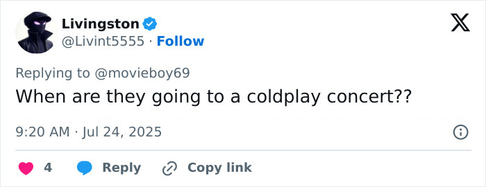 Tweet from Livingston asking about Coldplay concert date, related to Pedro Pascal and Vanessa Kirby press tour interviews going viral. Tweet from Livingston asking about Coldplay concert date, related to Pedro Pascal and Vanessa Kirby press tour interviews going viral.