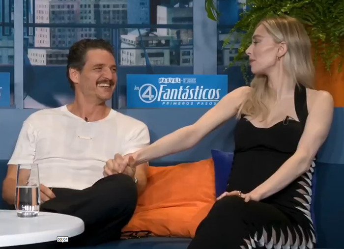 Pedro Pascal and Vanessa Kirby in a candid moment during a press tour interview sparking social media reactions. Pedro Pascal and Vanessa Kirby in a candid moment during a press tour interview sparking social media reactions.