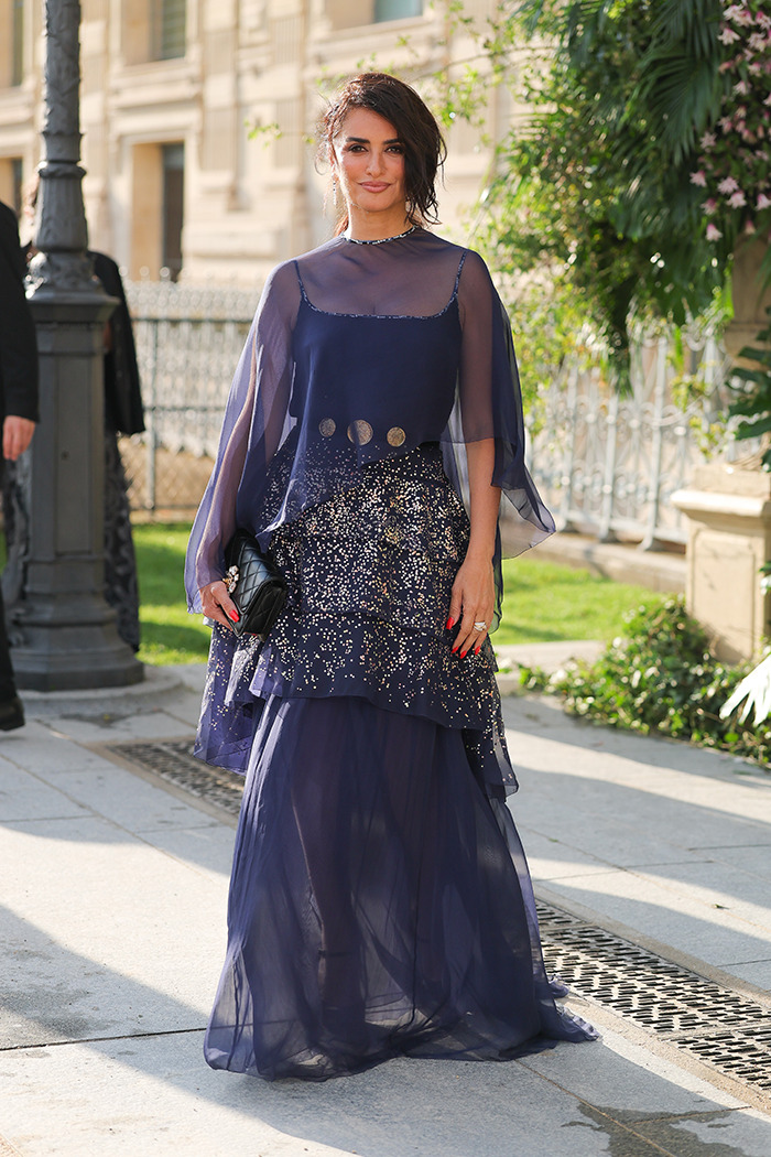 Legendary Pirates of the Caribbean actress wearing navy sheer gown with glitter details at Paris Fashion Week outdoors.