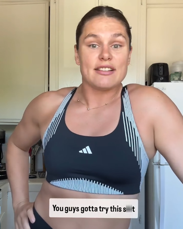 Ilona Maher in athletic wear responding to Kate Moss quote about being skinny with confidence at home. - 3