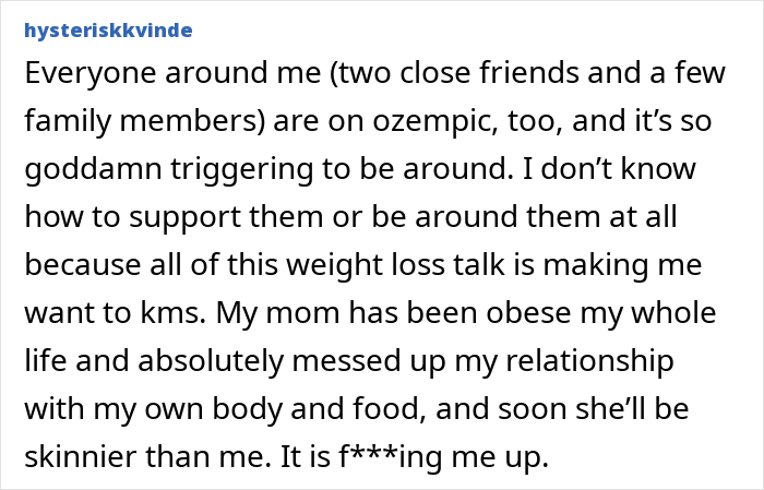Person sharing emotional impact of seeing loved ones taking Ozempic and its effect on mental health and body image.