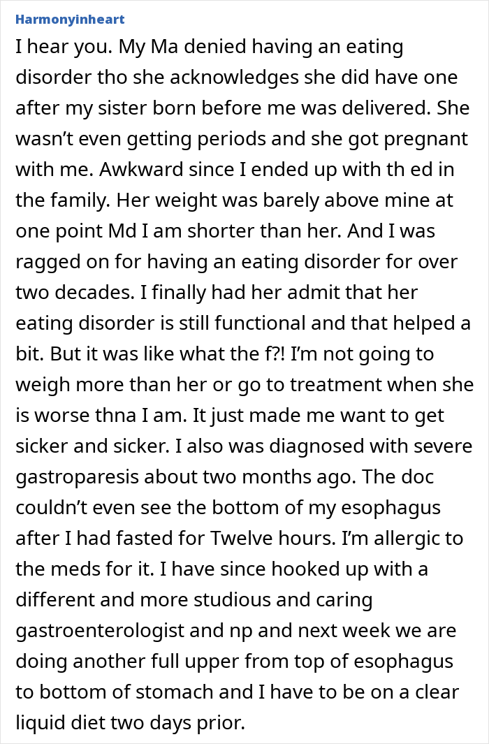 Comment from Harmonyinheart sharing personal impact of loved ones taking Ozempic and related eating disorder struggles.