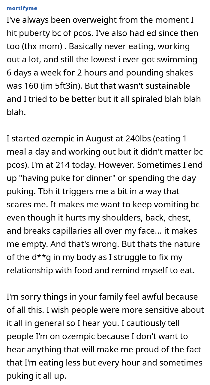 User sharing personal struggles with Ozempic use, discussing impact on eating habits and emotional challenges.