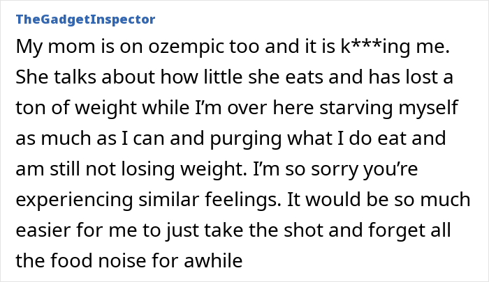 Text post from TheGadgetInspector expressing distress over a loved one taking Ozempic and its emotional impact.