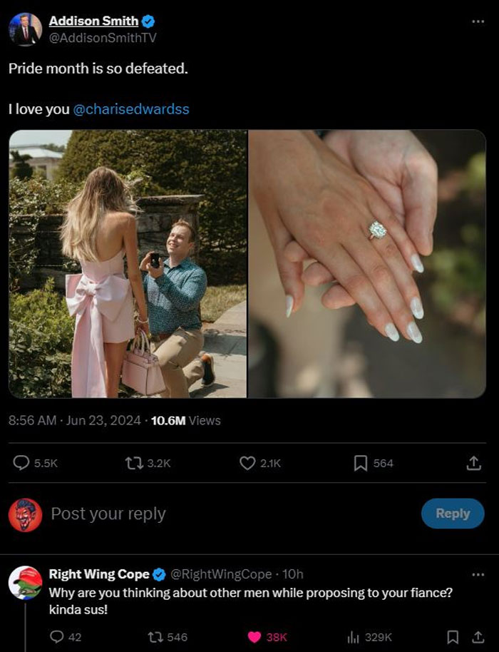 Tweet showing a marriage proposal and an internet response that hits hard with high engagement.