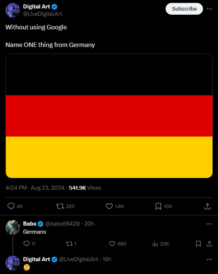 Twitter post showing Germany flag with a humorous internet response, illustrating popular internet responses that hit hard.