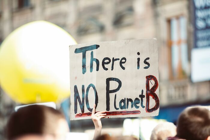 Protester holding a sign reading There is no Planet B highlighting the global food waste crisis impact.
