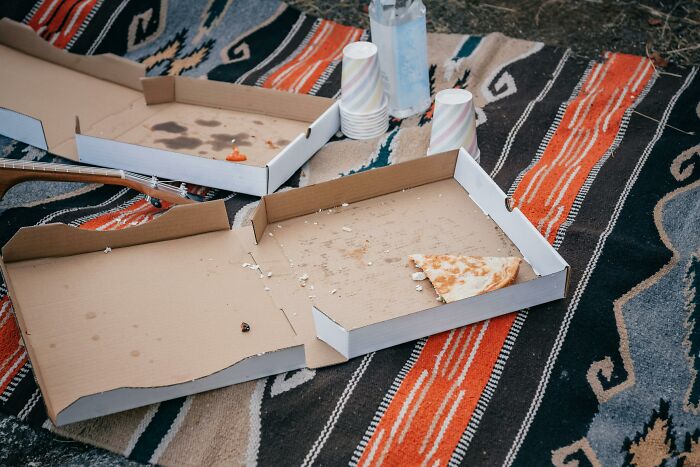 Empty pizza boxes with leftover food on a blanket, highlighting the global food waste crisis and its economic impact.