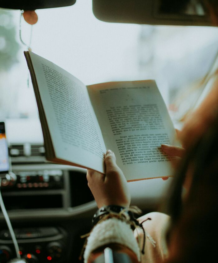 Person reading a book inside a truck cabin, illustrating truckers share craziest things seen on the road. - 5