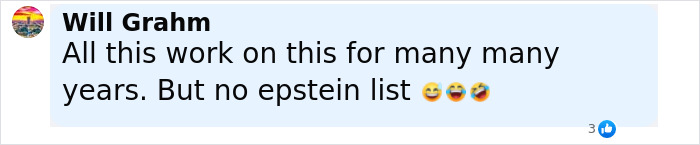 Screenshot of a Facebook comment by Will Graham mentioning no Epstein list in discussion on DB Cooper FBI dead ends.