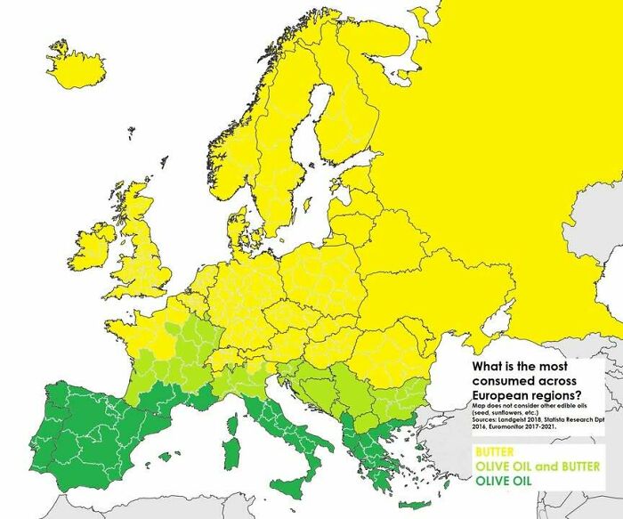 Map of Europe showing regions where olive oil, butter, or both are the most consumed fats, infographic with interesting data perspective.