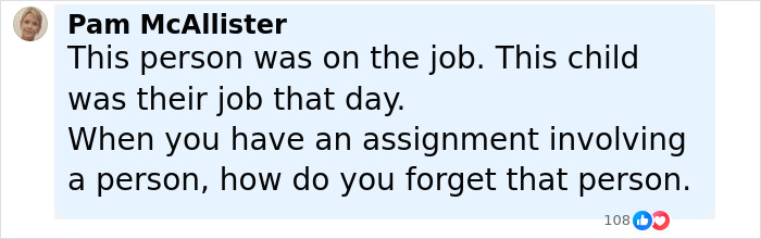 Comment by Pam McAllister discussing a social worker’s responsibility for a child in temporary foster care. - 8