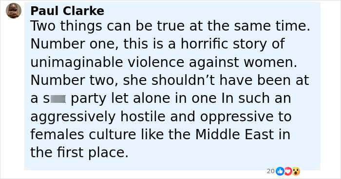 Screenshot of a Facebook comment discussing violence against women and hostile culture in the Middle East. - 18