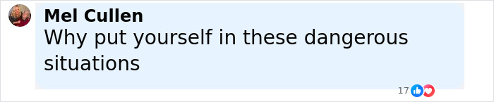 Comment from Mel Cullen expressing concern about why someone would put themselves in dangerous situations on a social media post. - 13