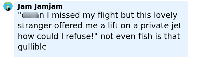Text message screenshot from Jam Jamjam describing missing a flight and being offered a lift on a private jet by a stranger. - 16