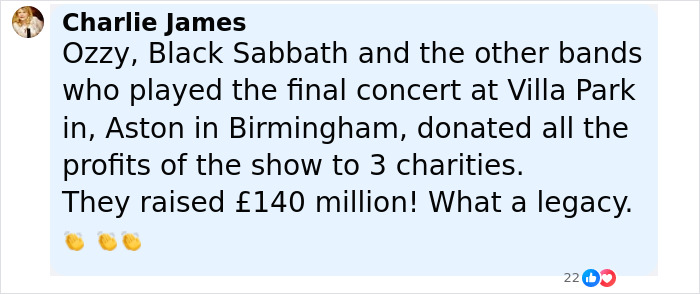 Comment about Ozzy, Black Sabbath, and final concert charity donations, highlighting Sharon Osbourne making Ozzy&rsquo;s last wish come true.