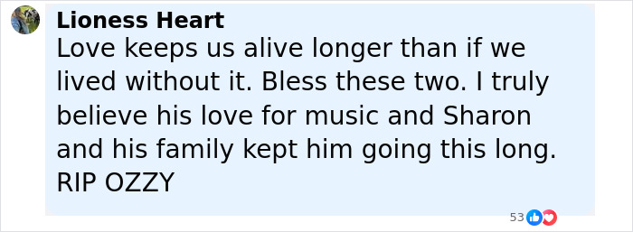 Facebook comment praising Sharon Osbourne for fulfilling Ozzy&rsquo;s last wish, highlighting love and family support.