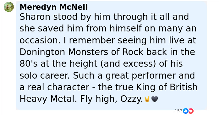Alt text: Comment praising Sharon Osbourne for making Ozzy&rsquo;s last wish come true and her support during his career.