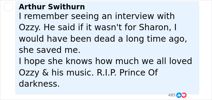 Comment highlighting Sharon Osbourne&rsquo;s role in making Ozzy&rsquo;s last wish come true before his passing.