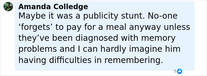 Comment discussing Robert Irwin dining and dashing incident, questioning if it was a publicity stunt or memory issue.