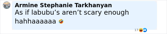 Social media comment reacting with laughter emojis to a horrifying teddy bear covered in apparent human remains story.