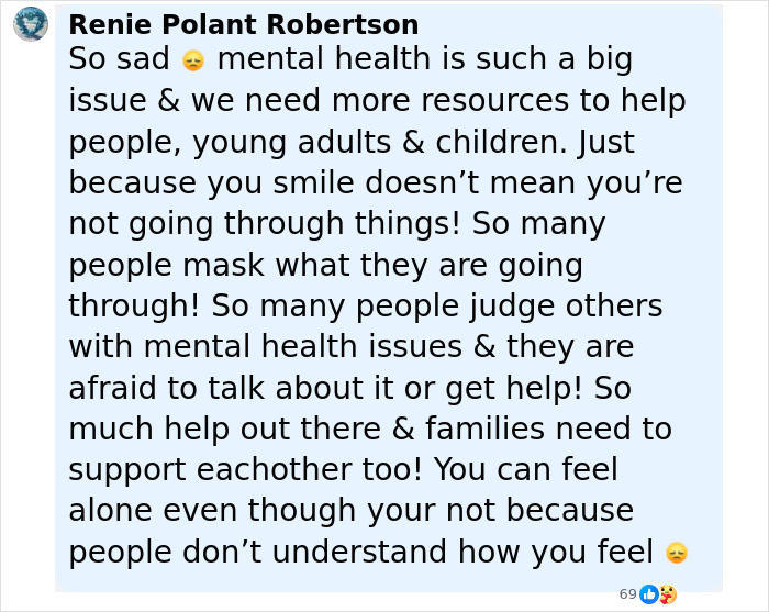 Comment by Renie Polant Robertson about mental health awareness, support, and the struggles people face silently. - 23