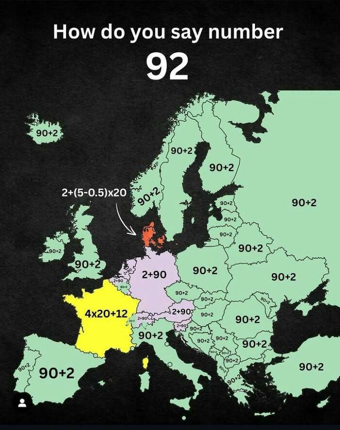 Map infographic showing how the number 92 is expressed mathematically across different European countries.