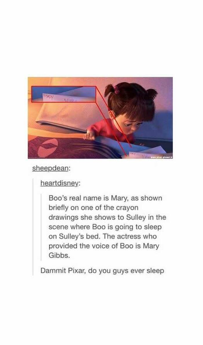 Screenshot of a Tumblr post revealing Boo's real name in Pixar's Monsters Inc, showcasing relatable random facts.