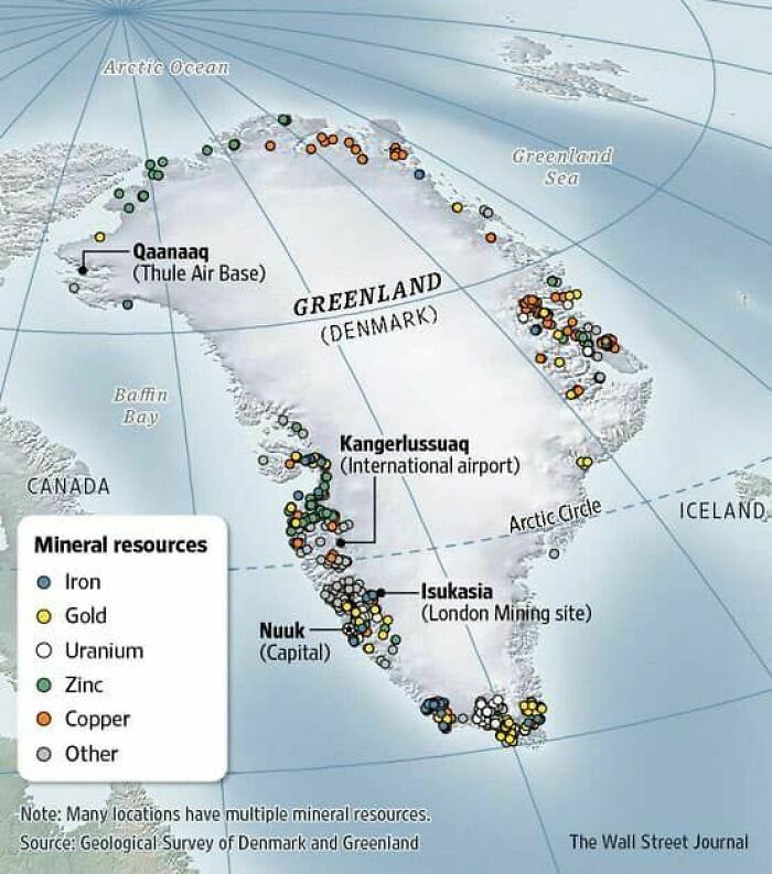 Map of Greenland highlighting mineral resources including iron, gold, uranium, zinc, copper, and other minerals in infographics data.