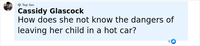 Comment from social media user Cassidy Glascock expressing concern about dangers of leaving child in a hot car amid mass outrage. Comment from social media user Cassidy Glascock expressing concern about dangers of leaving child in a hot car amid mass outrage.