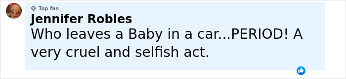 Comment expressing outrage over a baby left in a car, describing the act as cruel and selfish. Comment expressing outrage over a baby left in a car, describing the act as cruel and selfish.
