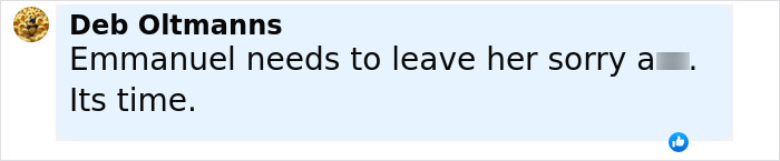 User comment by Deb Oltmanns criticizing Emmanuel Macron, referencing lip reader context during France visit. User comment by Deb Oltmanns criticizing Emmanuel Macron, referencing lip reader context during France visit.