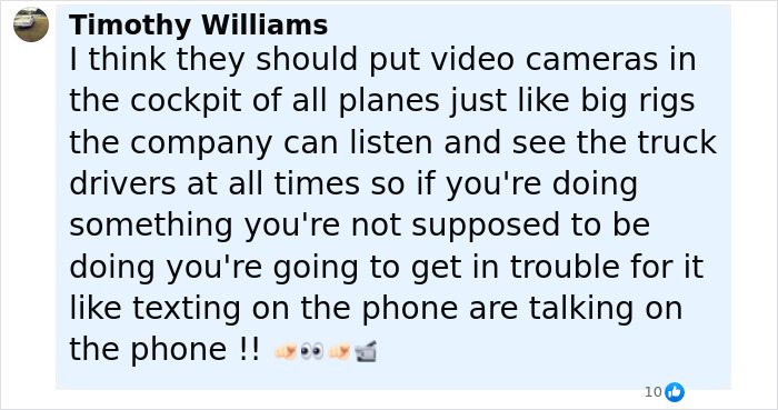 Comment suggesting installing cockpit video cameras to prevent pilot distractions, related to Air India crash investigation.