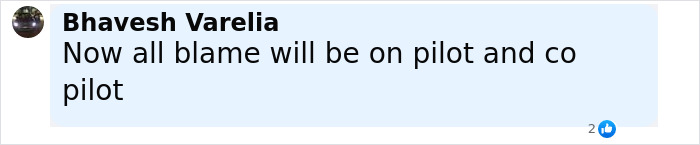 Comment by Bhavesh Varelia stating all blame will be on pilot and co-pilot shedding light on Air India crash cause