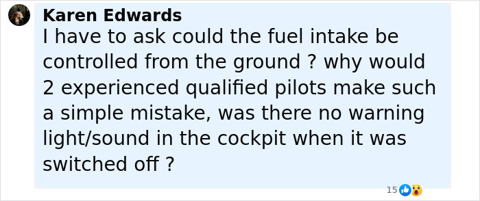 Comment by Karen Edwards questioning if fuel intake could be controlled from the ground in Air India crash investigation.