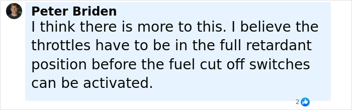 Comment by Peter Briden discussing throttle position related to the Air India pilots' final words on crash cause.