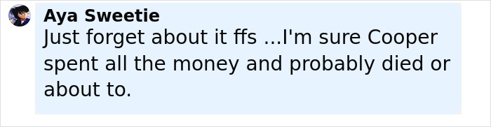 Comment by Aya Sweetie expressing doubt about Cooper&rsquo;s fate, mentioning money and possible death in an online discussion.