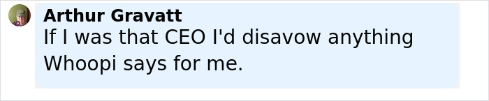 Text message from Arthur Gravatt expressing disapproval of CEO defended by Whoopi Goldberg in a Coldplay Kiss Cam incident.