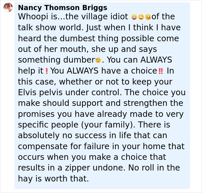 Alt text: Social media comment criticizing Whoopi Goldberg defending CEO Andy Byron amid Coldplay Kiss Cam cheating controversy.