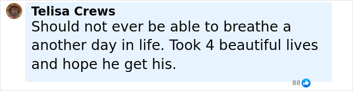 Comment by Telisa Crews expressing anger over the violent massacre of Bryan Kohberger's victim and her four lost lives.