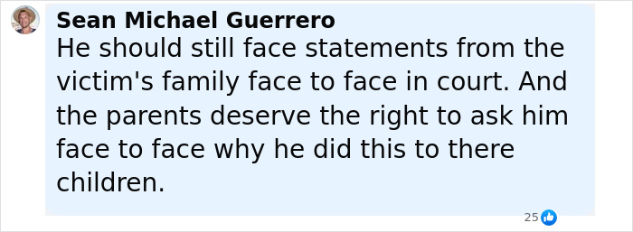 Comment by Sean Michael Guerrero expressing that the mother of Bryan Kohberger's victim demands a face-to-face statement in court.