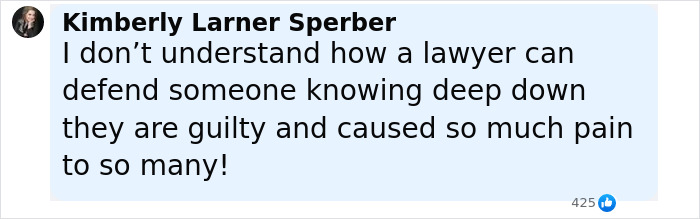 Comment by Kimberly Larner Sperber expressing confusion about a lawyer defending someone guilty of causing pain.