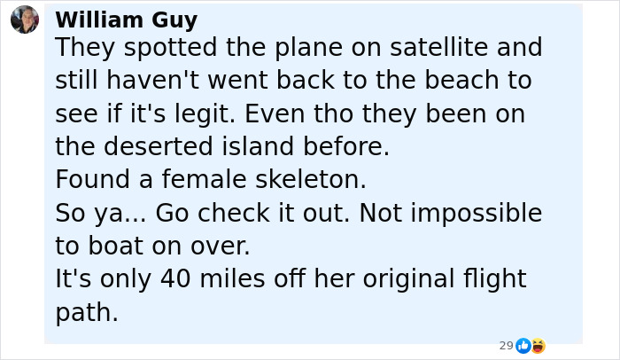 Comment discussing discovery of Amelia Earhart mystery clue with satellite images and a female skeleton found on deserted island.
