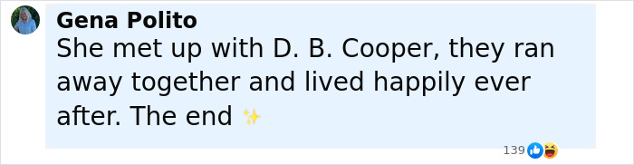 Comment about D. B. Cooper in a social media post, possibly hinting at solving the Amelia Earhart mystery with new satellite images.