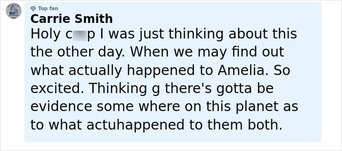 User comment by Carrie Smith expressing excitement about new evidence in the Amelia Earhart mystery from satellite images.