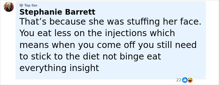 Screenshot of a comment discussing diet habits related to quitting Mounjaro and its effects on eating behavior.